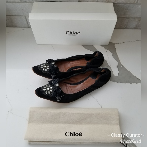 Chloe Shoes - CHLOE black satin jewel point toe ballet flats